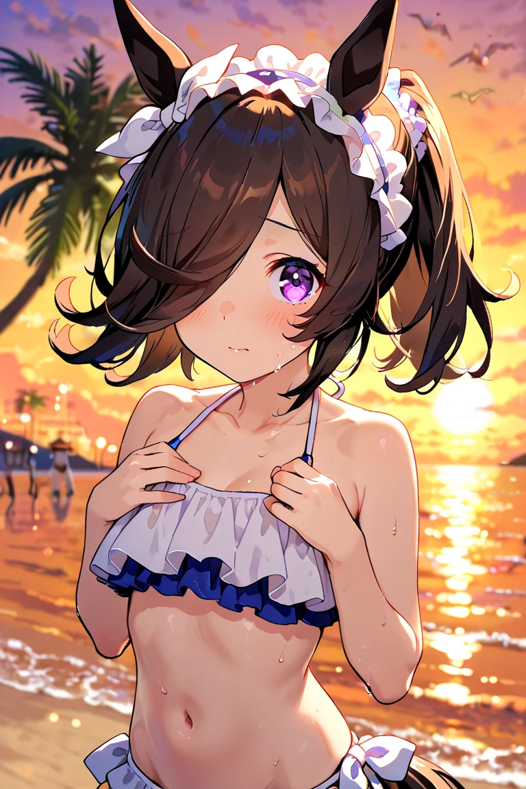 (masterpiece, Highest quality, 8k, High resolution:1.2), White Bikini, smile, sunlight, Lens flare, Beach, hibiscus,Large Breasts