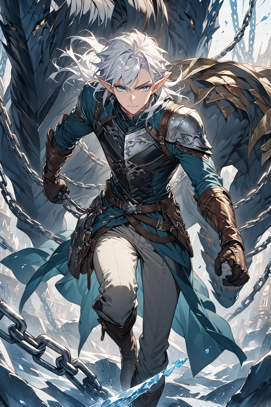 White-haired blue-eyed boy carrying beautiful brown-haired dragon girl, naked, but he gives him his coat to cover himself, in buildings intended, great high quality artwork
