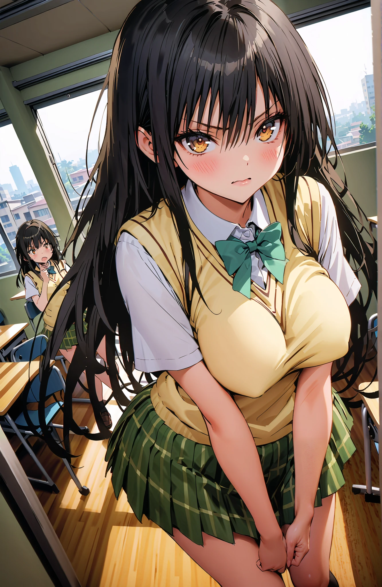 Yuikotegawa, Yui Kotegawa , Alone,black hair, brown eyes, long hair,Big Breasts,
green skirt, thigh plaid, thigh plaid skirt, sainan high school uniform, school uniform, skirt, sweater vest, yellow sweater, Short sleeve, black high socks,standing,skirtタグ , eyelashes skirt tug,skirt,Lift of the Wind ,angry,embarrassing,blushes,open their mouths, machine,chairs, blackboard ,angle from below,full bodyがイラストに入るように,break indoors, classroom,
break looking at viewer,full body,
break (masterpiece:1.2),top quality , kampala, Unity 8K Wallpaper ,(shape:0.8),( fine, beautiful eyes :1.6),It's a person ,full body写真,CG Details , (perfect hands,complete anatomy),