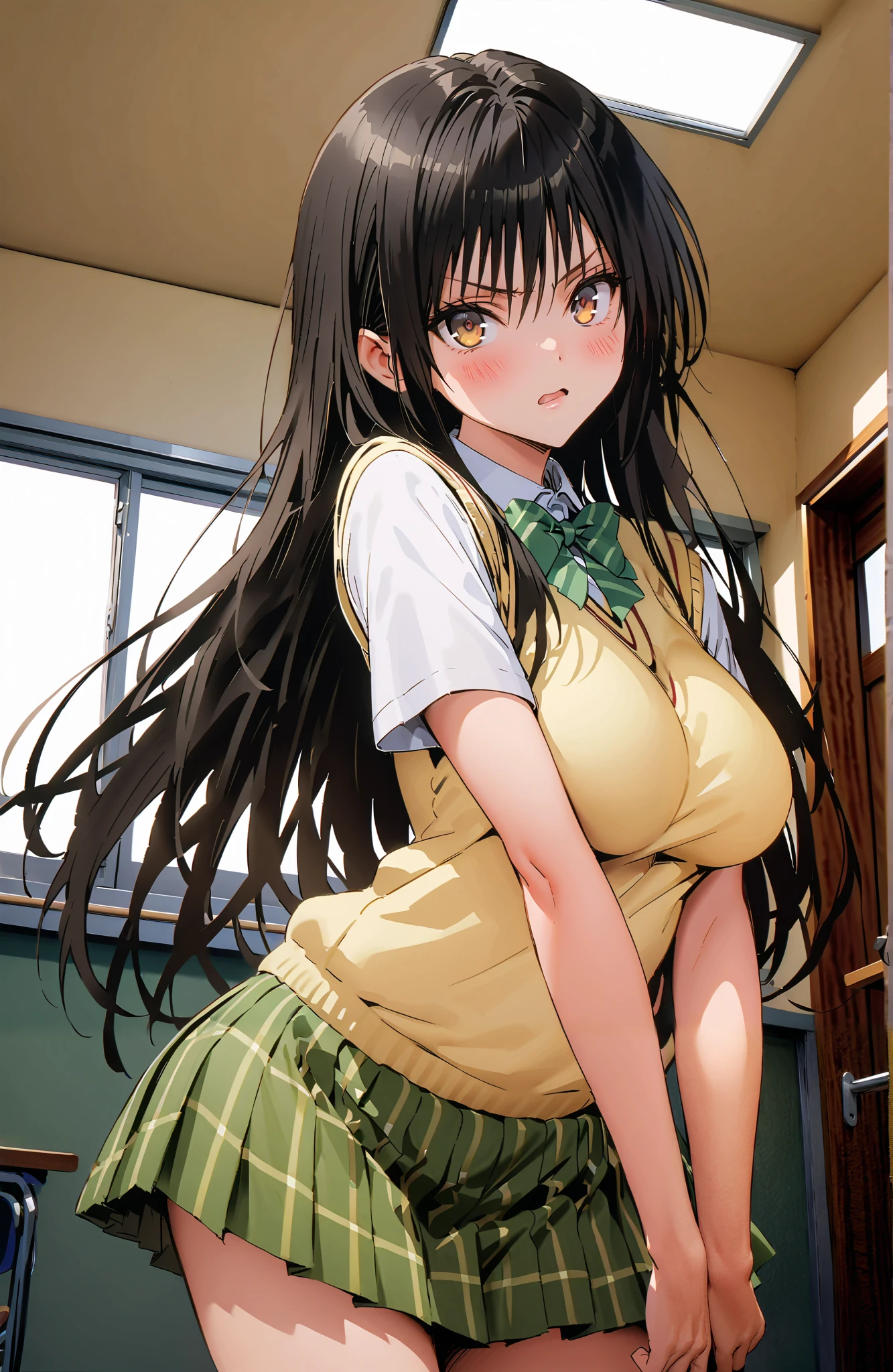 Yuikotegawa, Yui Kotegawa , Alone,black hair, brown eyes, long hair,Big Breasts,
green skirt, thigh plaid, thigh plaid skirt, sainan high school uniform, school uniform, skirt, sweater vest, yellow sweater, Short sleeve, black high socks,standing,skirtタグ , eyelashes skirt tug,skirt,Lift of the Wind ,angry,embarrassing,blushes,open their mouths, machine,chairs, blackboard ,angle from below,full bodyがイラストに入るように,break indoors, classroom,
break looking at viewer,full body,
break (masterpiece:1.2),top quality , kampala, Unity 8K Wallpaper ,(shape:0.8),( fine, beautiful eyes :1.6),It's a person ,full body写真,CG Details , (perfect hands,complete anatomy),