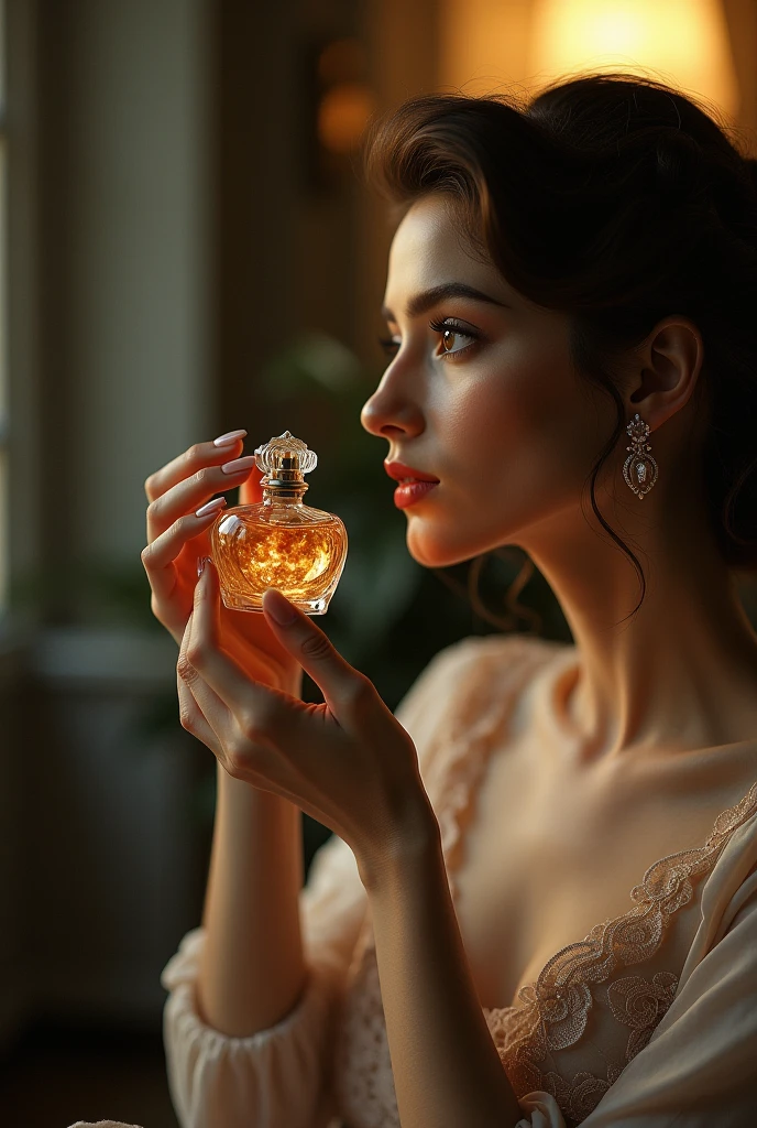 create me an image of a woman smelling perfume