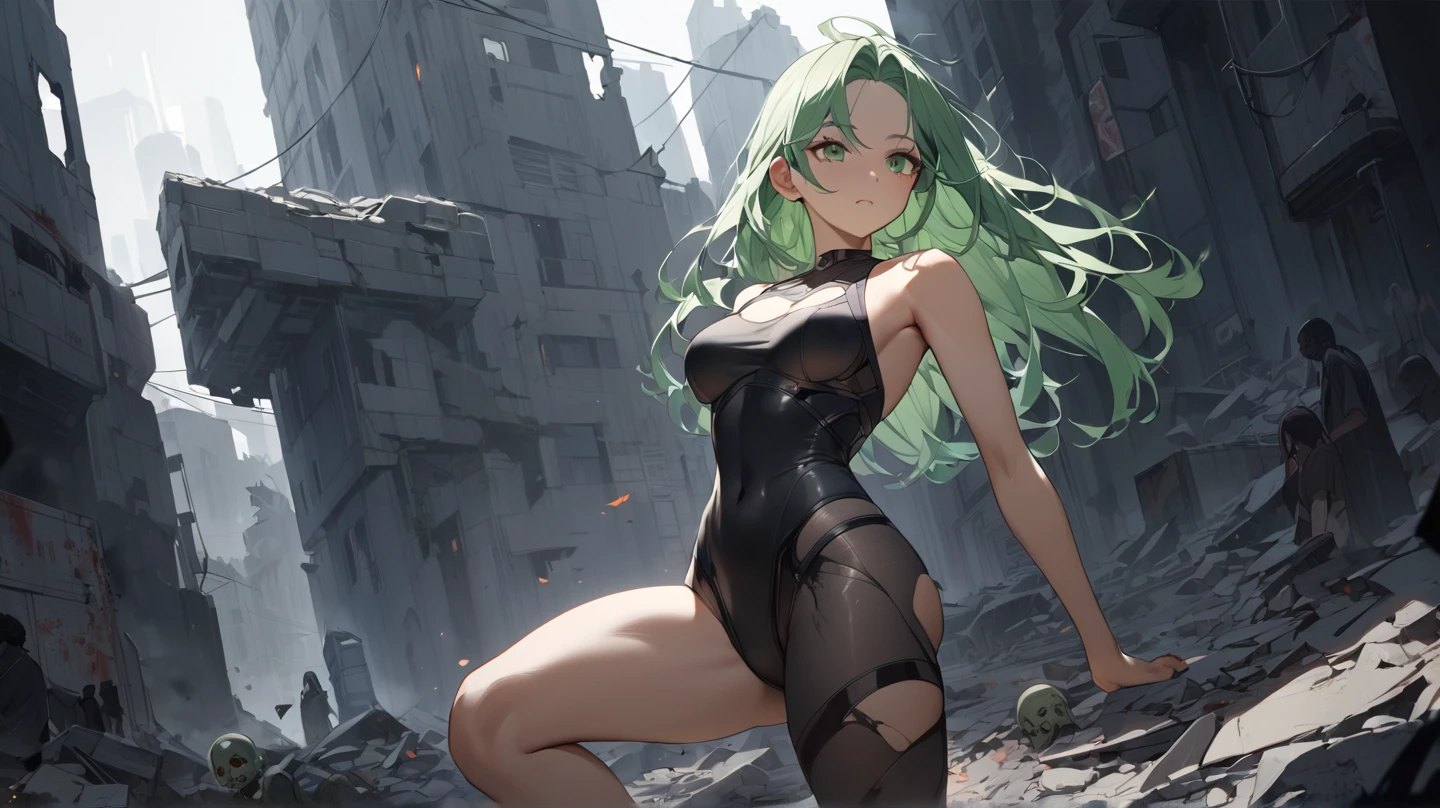 a cute yuna (cosplay of Tatsumaki, foam green hair, sexy slinky black iconic dress, high split up thighs (panties partly exposed)), she is looking annoyed while doing sexy poses, ruined city set