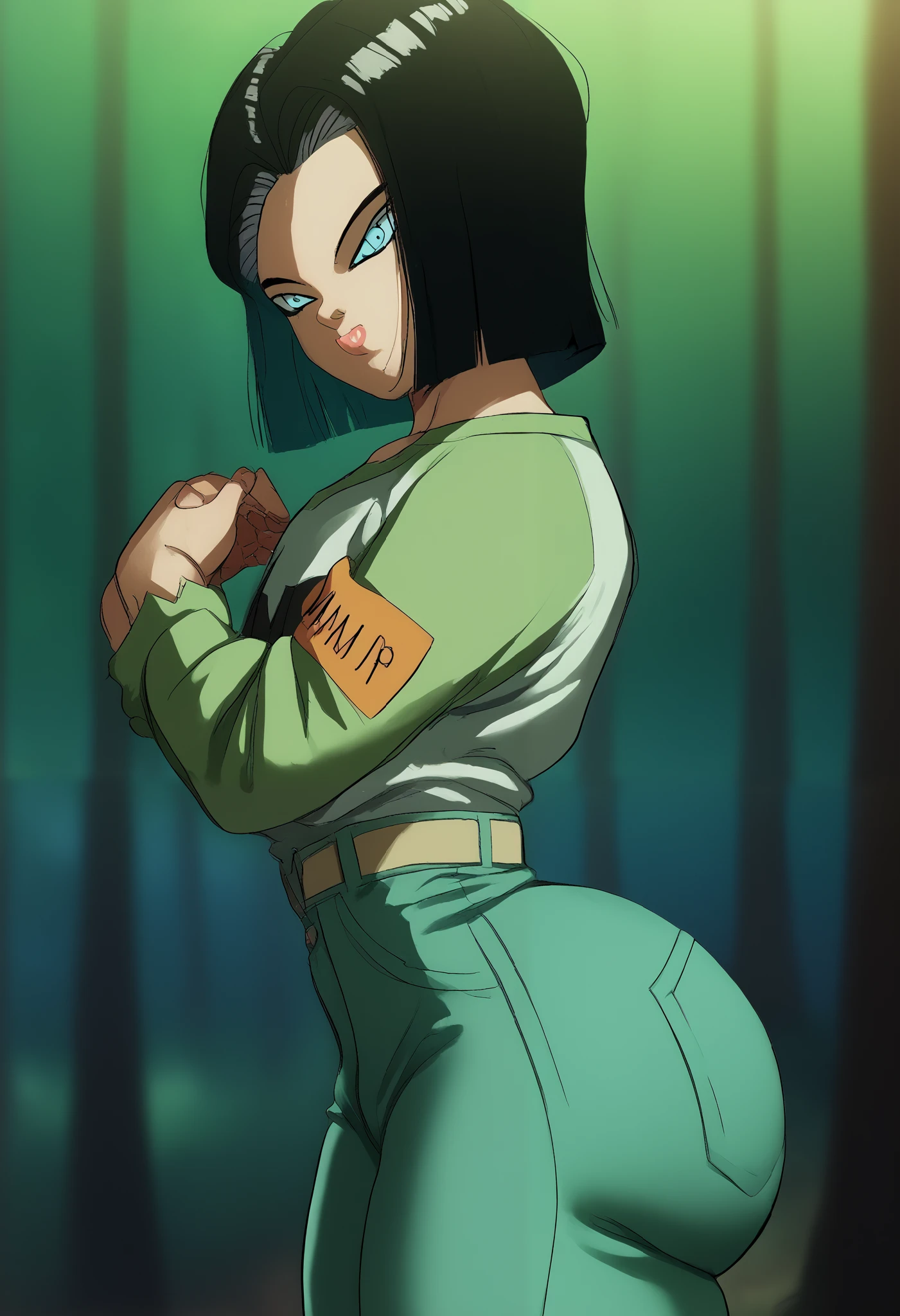 (Xrangerx:1.0),( score_9,score_8_up, android_17, femboy, 1boy, score_7_up:1.4), forest backround, feminine lips, plump, source_anime, in city, portrait, feminine body, bootyshorts, wide hips, thick thighs, big ass, looking for a viewer, extremely detailed,
