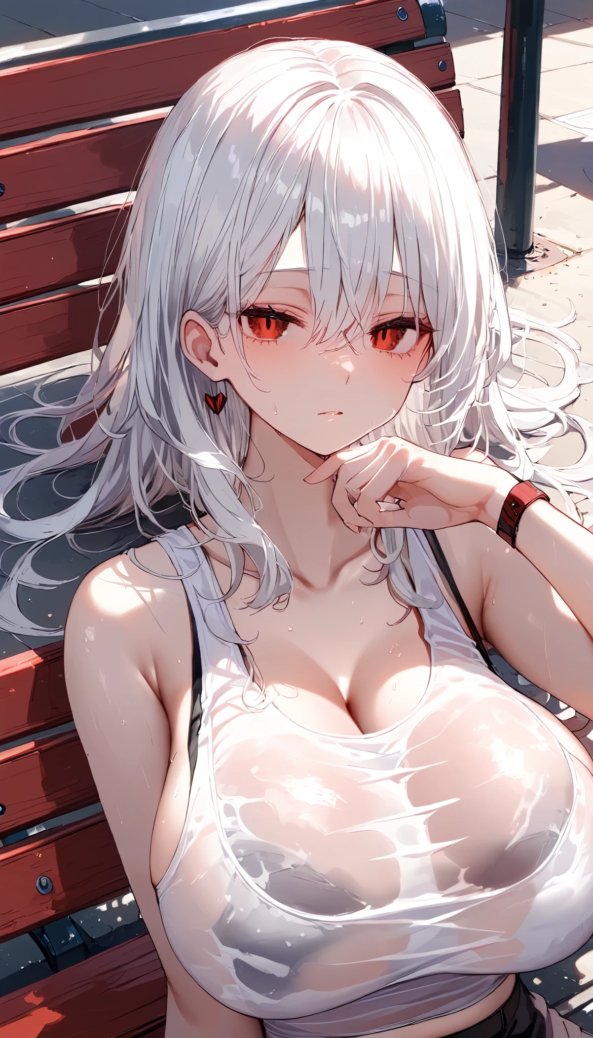 ((masterpiece)), (Highest quality), (Simple style), Silver-white hair, braided, short bob, red eyes, naked, cleavage, heaven, from the front, sweaty, hiding nipples, on the lake