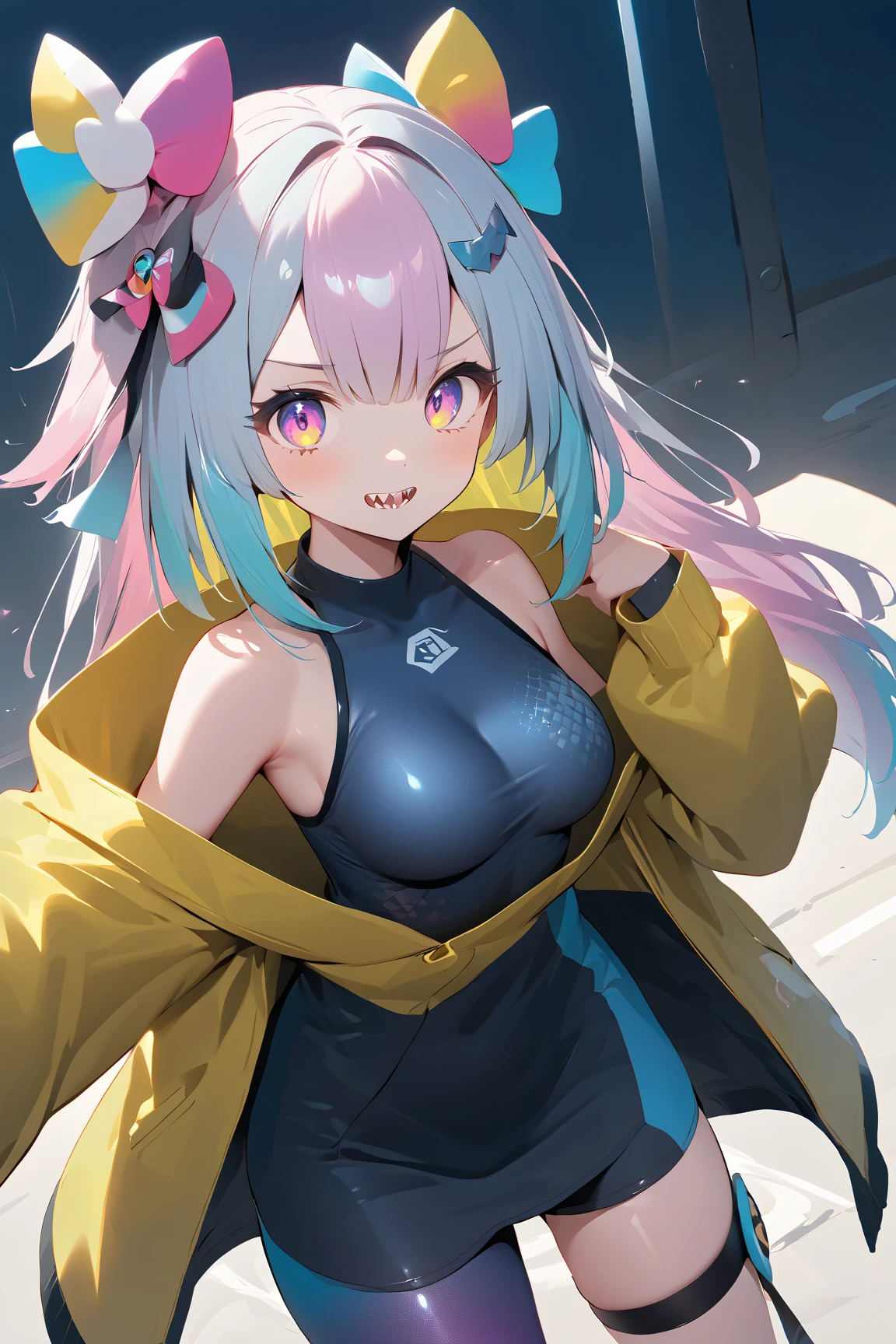 score_9, score_8_up, score_7_up, 1girl, iono from pokemon, yellow jacket, standing on one leg, smile, open mouth,