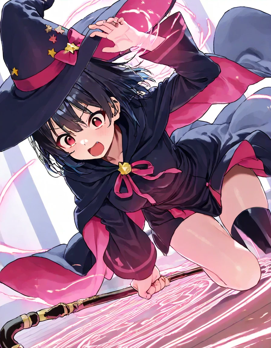 masterpiece, best quality, expressive eyes, perfect face, a toddler get transformed into a cuntboy, solo, surpriced, blushed, black hair, long hair, red baseball cap, brown eyes, full body, bare foot, naked, in a bedroom, pussy, shining magic wand.