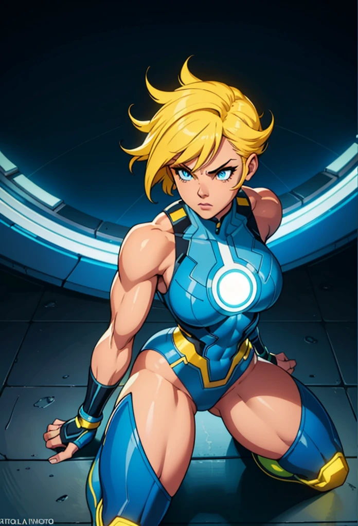 Digital painting of a woman with blue and yellow hair, Superhero, Muscle Girl, Pause, Raise your fist, From above, 1 knee up, Behance Contest Winner, Afrofuturism, Synthwave, neon, glowing neon, Huge saggy breasts,