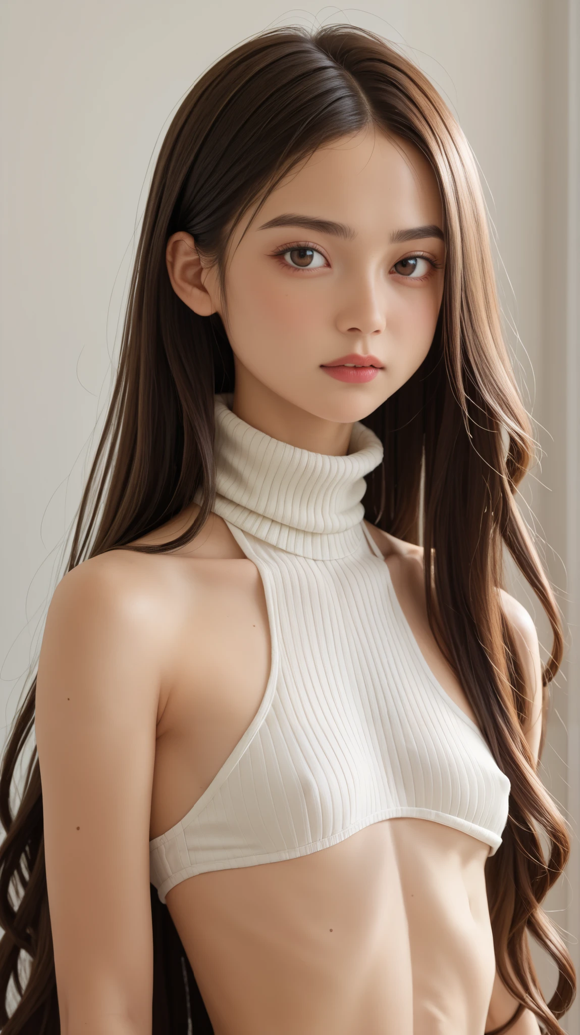 top quality、masterpiece、 RAW photos 、 super realistic 、film grain、perfect anatomy、(((Achieve a healthy slim body, long hair, bungs:1.37)))、 ugly expression 、small breasts、turtleneck knit、
