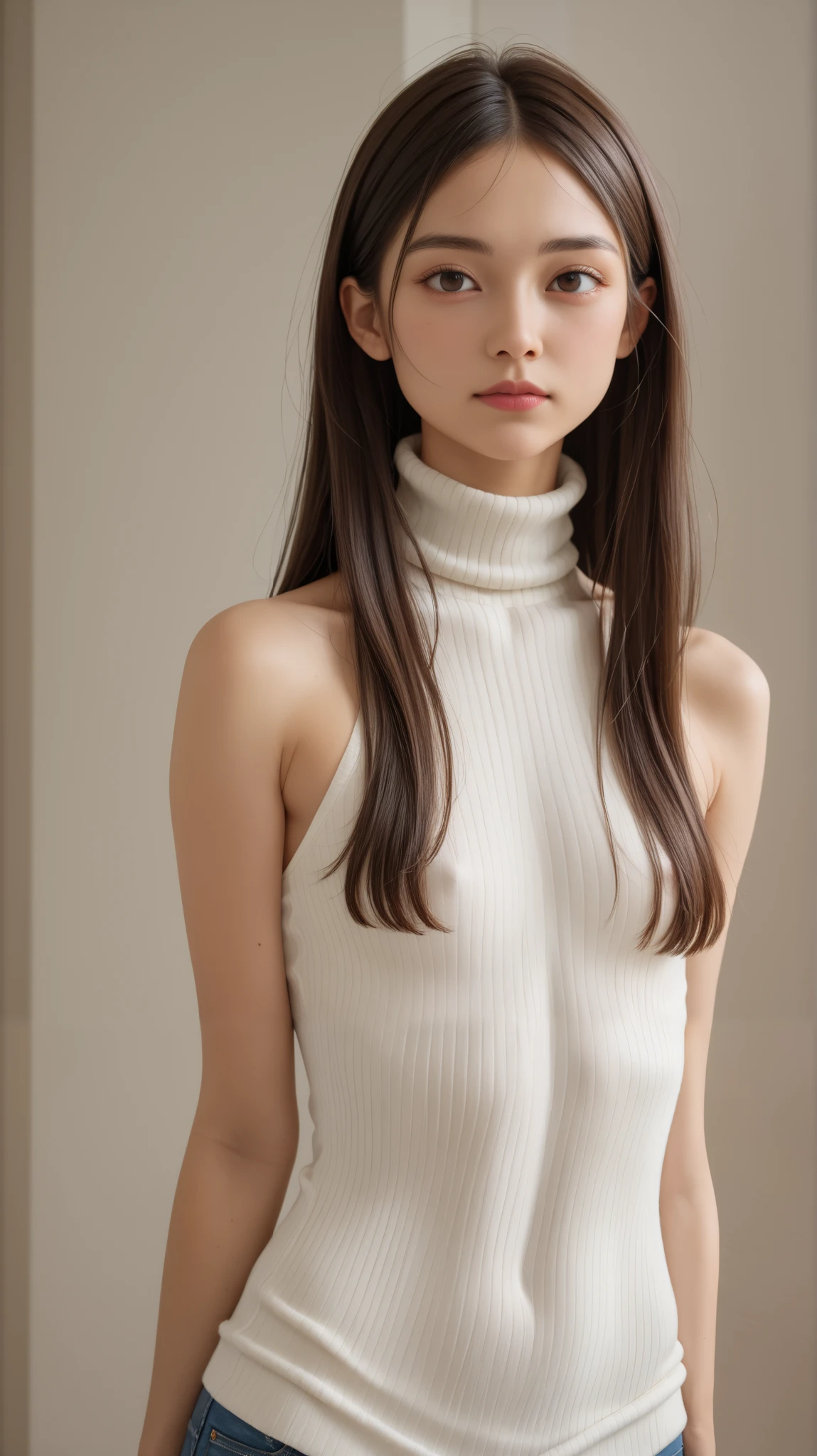 top quality、masterpiece、 RAW photos 、 super realistic 、film grain、perfect anatomy、(((Achieve a healthy slim body, long hair, bungs:1.37)))、 ugly expression 、small breasts、turtleneck knit、