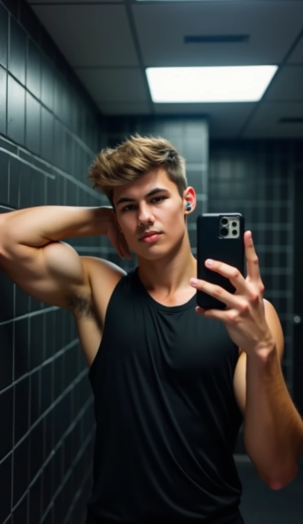 A 19-year-old male teenager taking a selfie with his iPhone 15 in front of a mirror, showing off his extremely defined abs and muscular arms in his dark room., without glasses, White skin color, hazel green eyes, Honey blonde hair with a slight resemblance to Robert Pattinson and a young Brad Pitt