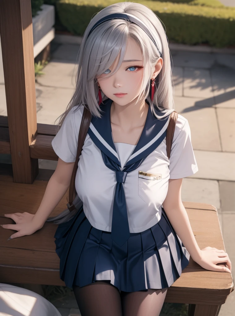 8K, RAW Photos, Fujifilm, Beautiful 20 year old woman style photo, (((Gray Hair:1.3,美しいGray Hairのストレートヘアー、シルキーなGray Hair)))、(((High School Sailor Uniform:1.5,))) Gold earrings, (Highly detailed skin: 1.2), Light medium brown hair, Film Grain, 35mm, Cute Style、(((Sitting 1.5)))、Selfie、Spread your legs、sexy、erotic
