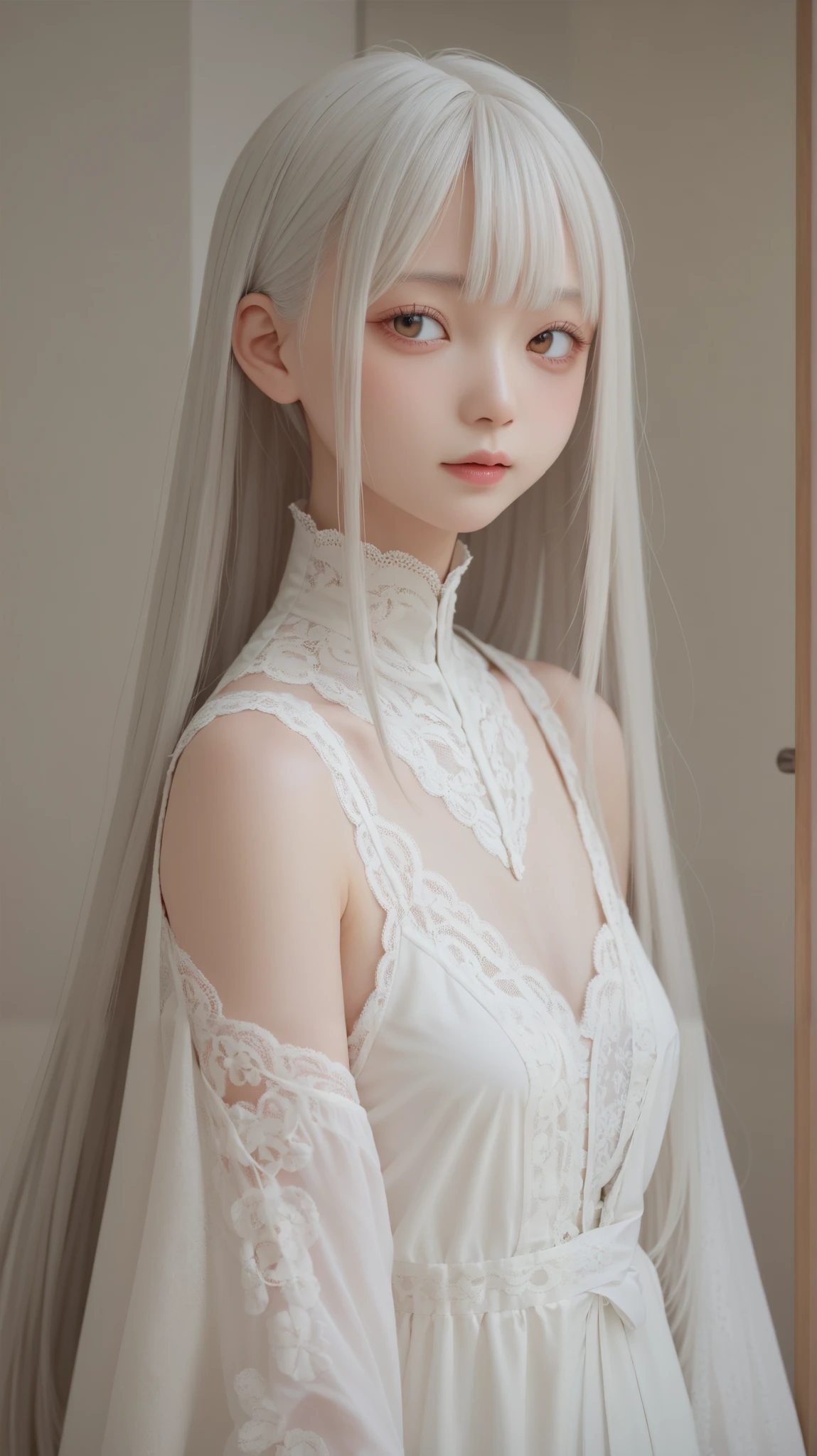 perfect anatomy,    Japanese Girls, 少し短い首:1.7, Albino Skin, Gray Hair,  straight long hair ,  light brown eyes , high neck lace fabric,  white clothes,   artistic.