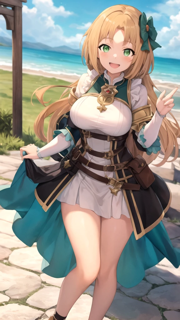 top-quality、Top image quality、masterpiece、An elf girl((18year old、Best Bust、big bast,Beautiful blue eyes、Breasts wide open, Blonde twintails、A slender,Large valleys、red scarf、Clothes in black robes、Hold your right hand in front of you、Fluttering hair))hiquality、Beautiful Art、Background with((Large grasslands、sunrises,strong breeze、Leaves flying in the wind)))、,masutepiece、visualart、depth of fields、