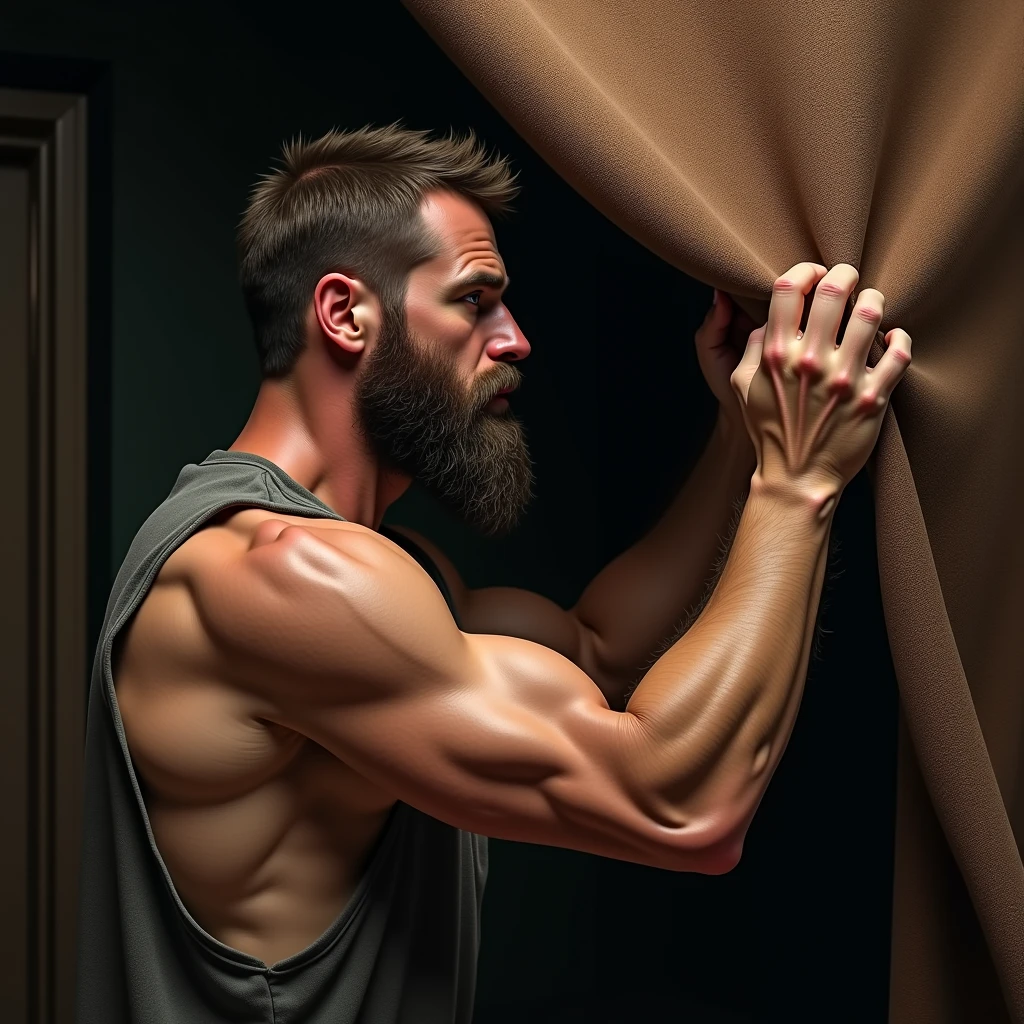 Naked white man with a beard showing off his muscular penis.