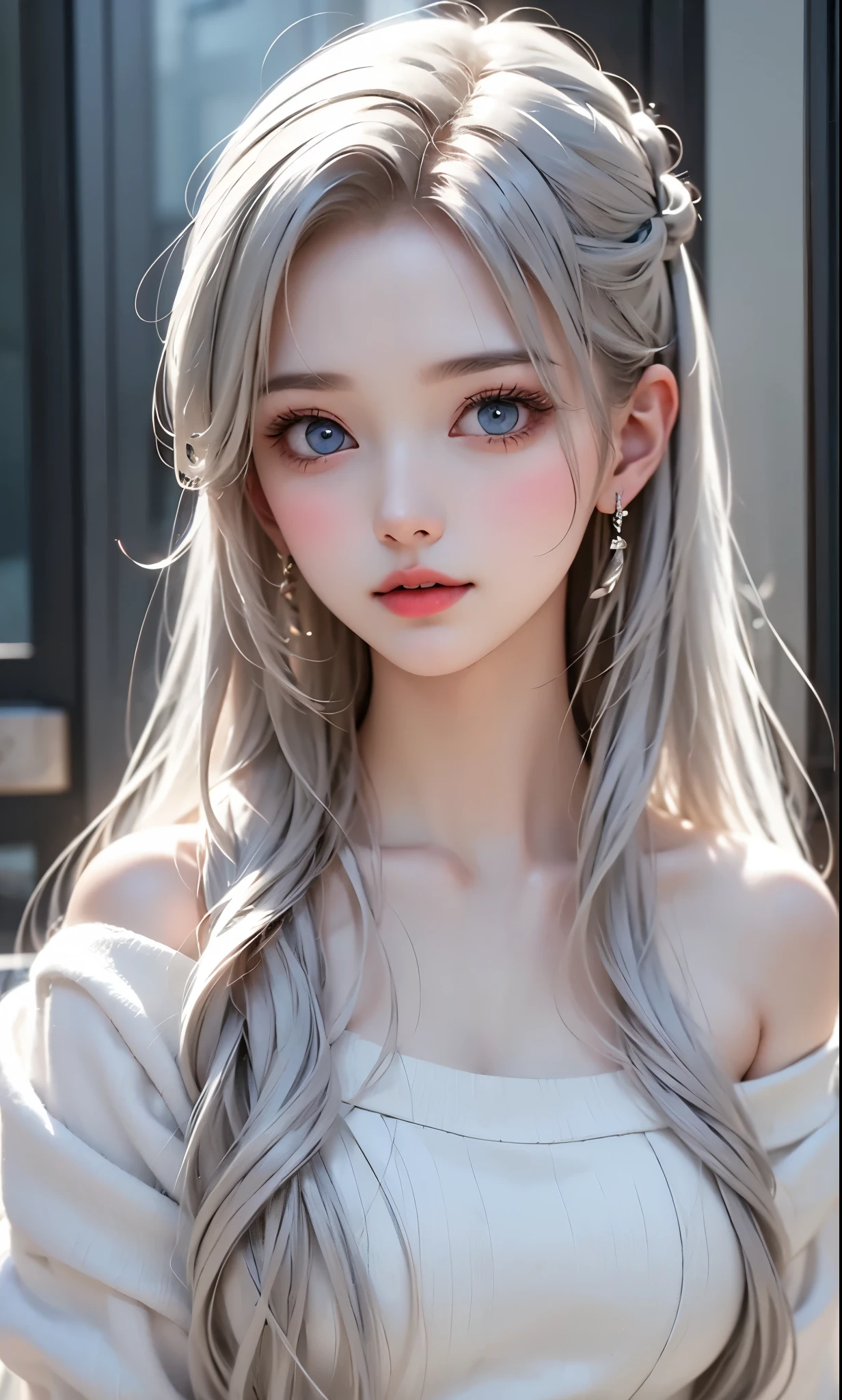 black and white color scheme, sexy girl , , small,Silvery Curly Hair、portrait、