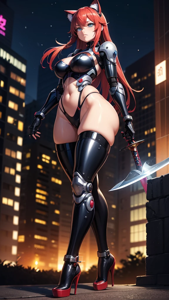 adult milf woman, blue eyes, horn, long shapely legs, giant breasts, slim body, Long red hair, black, sexy full body, metal and skin combat armor, gloves, metal bikini, boots, smile, 8k, hd, masterpiece, dynamic body, white background