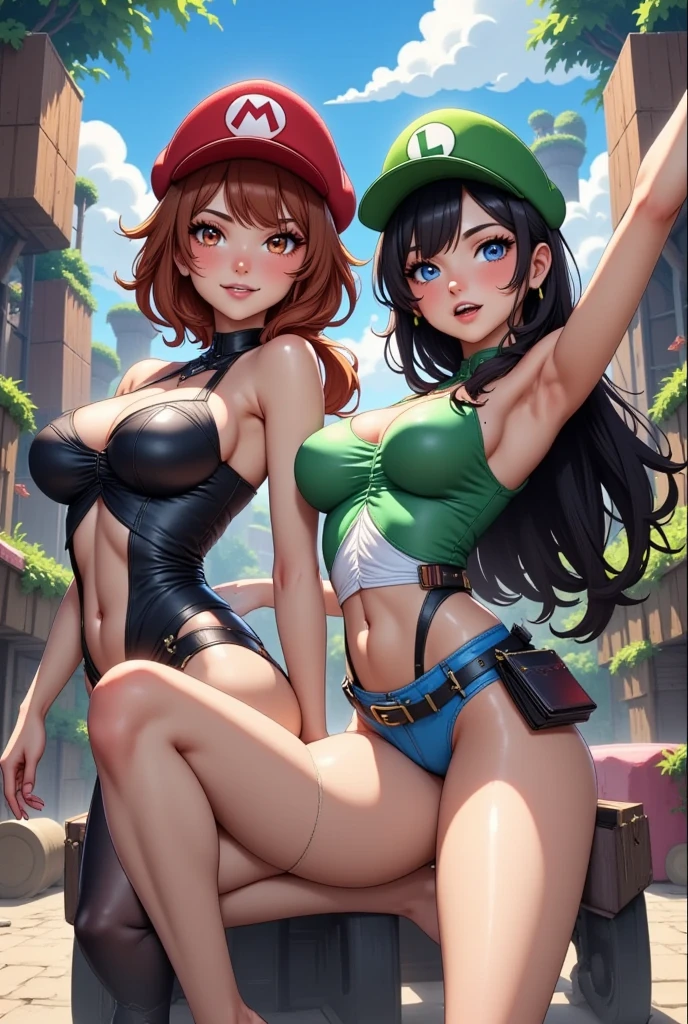 (2 beauty girls,side by side),happy smile,large breasts,pretty mario and sexy luigi,red mario and green luigi,sexy costume,(cap),(amusement park),dynamic pose,masterpiece, Best Quality, High resolution, Unity 8k, Illustration, extra detailed face, Perfect Lighting, extremely details CG, (Perfect hands, Perfect Anatomy),