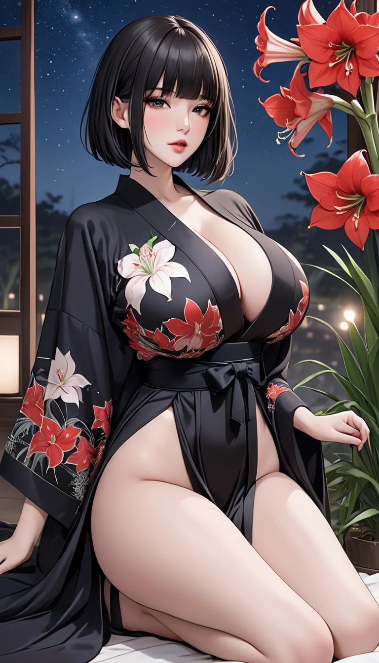 *8K masterpiece, Highest quality, Highest quality, Official Art, (Beauty and aesthetics: 1.3), Very detailed, colorful, Realistic、Japanese women、Pearly skin、Crow-colored hair、Bobcut、Firm, gravity-defying breasts、A tightly curved waist、Slim yet plump thighs、Slender and long limbs、Slanted eyes、neat nose、Cherry-colored, pretty little lips、Purple miniskirt kimono、White Background、Beautiful girl、glamorous、Looking at the audience、smile、White Background、Black Hair、White skin、Flexible body、Strong-looking eyes、