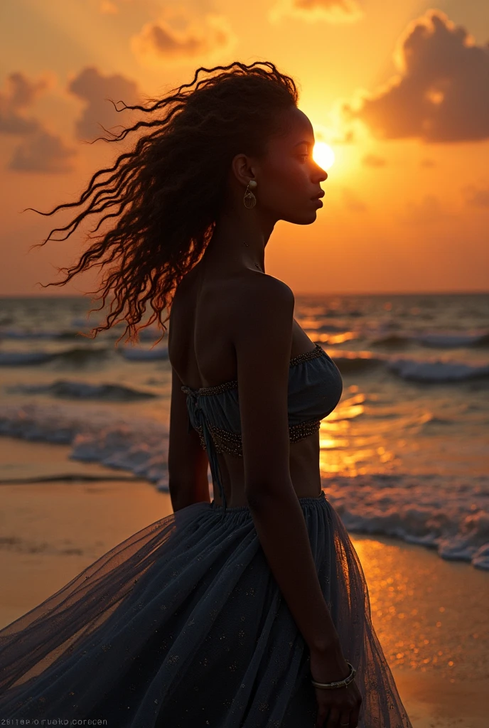 A stunningly beautiful brown-skinned girl stands serene in the middle of the river flow, her curves accentuated by the gentle caress of the water. Have Angels' wings, adorned with iridescent feathers, sprawl majestically on her shoulders, their ethereal glow illuminating the surrounding area. Her short, curly hair cascades down her back, catching the soft moonlight and shimmering like strands of spun gold. Her breasts, full and beautifully formed, are partially covered by a transparent dress that clings to her body, revealing her perfect figure. The moonlight dances on her skin, highlighting every curve and contour, her complexion radiating with a natural
