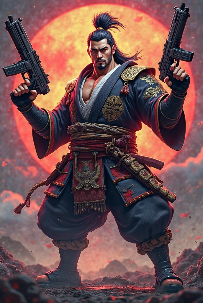 Straw hat samurai showing his body and a voilet circling across him and written something cool in Chinese on the circle in white colour