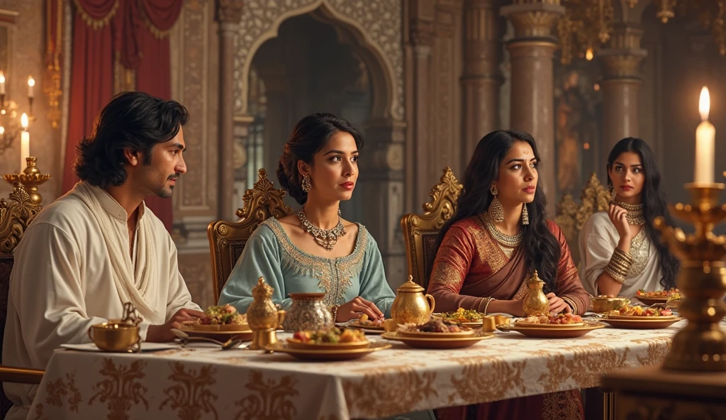 a table with the king and queen of persia add to the table an officer of the king of persia with a turban make them with golden cups in their hands