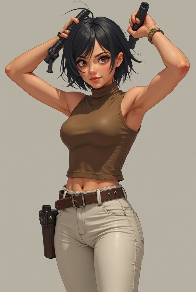 dark brown skinned ((teenage girl)) (in fighting position), very sharp eyes (black sharp eyes), medium hair (black hair, curtain bangs hair), ((white sleeveless shirt (loose fit)), black karate gloves, very baggy pants (blue jean baggy pants, wide leg jean pants, high waisted jean cargo pants)
