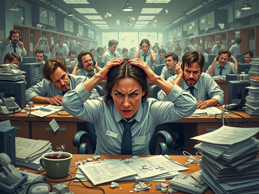 a woman, clearly looking tired, with dark circles under her eyes, in a crowded work environment with several cubicles, with lots of papers in the background looking at the computer, clearly unhappy