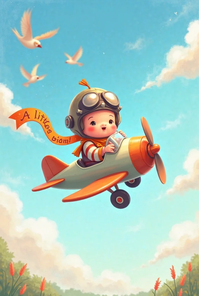 Create a child flying next to a plane full of poop with its pilot dressed as a chicken