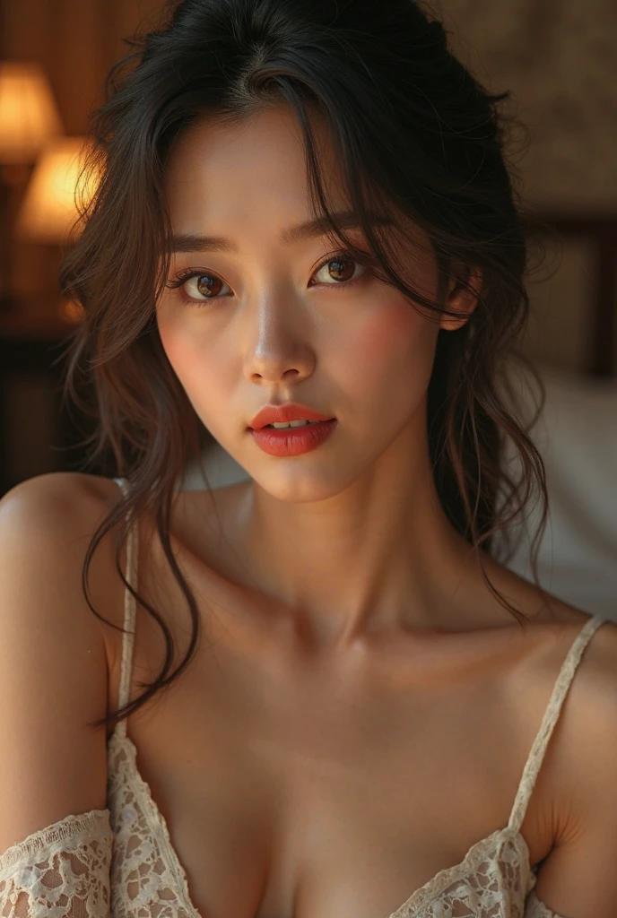 Create a (( mid-shot )) photorealistic image of a beautiful Asian woman with fair, smooth, flawless skin. She has large, round, sparkling eyes with naturally long and curled eyelashes, and well-defined, dark eyebrows. Her nose is straight and high, and her naturally pink, soft lips form a gentle smile. She has short, slightly curled brown hair that highlights her delicate facial features. Her face is oval-shaped, with a wide and high forehead, moderately high cheekbones, and a pointed, slender chin. She is wearing a white bra that complements her elegant and feminine appearance. (( waist to top))
