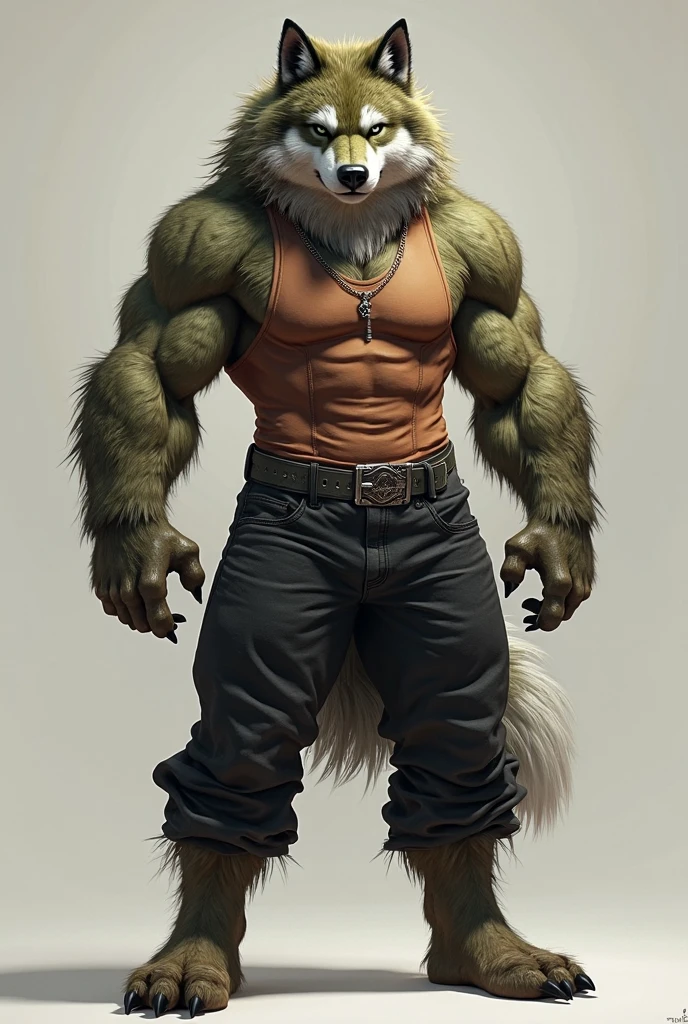 Make a muscular wolf wearing black pants, and a green star badge 