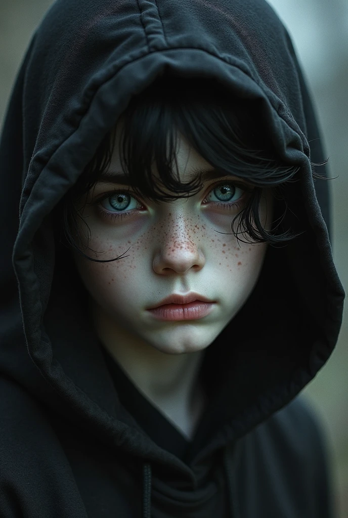 generates a boy with long, wavy hair, brown eyes and a line on his eyebrow, wearing black winter clothes with a hood