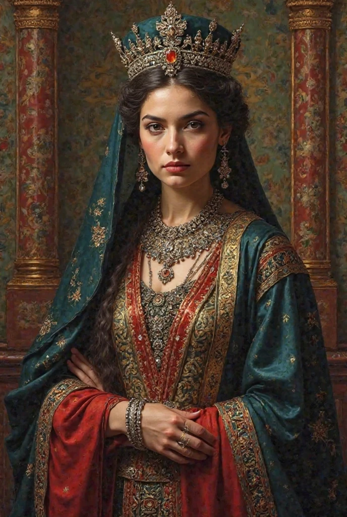 ((half body portrait)) , ((front view)) , Persian Qajar period woman , ((30 years old)) , wrinkle on face ,  , Bright dark face , ((detailed face)) , Rembrandt light , in traditional green dress , fish pattern on dress , ((background contains painting of birds, floral frame )), ((perfect rectangular frame))