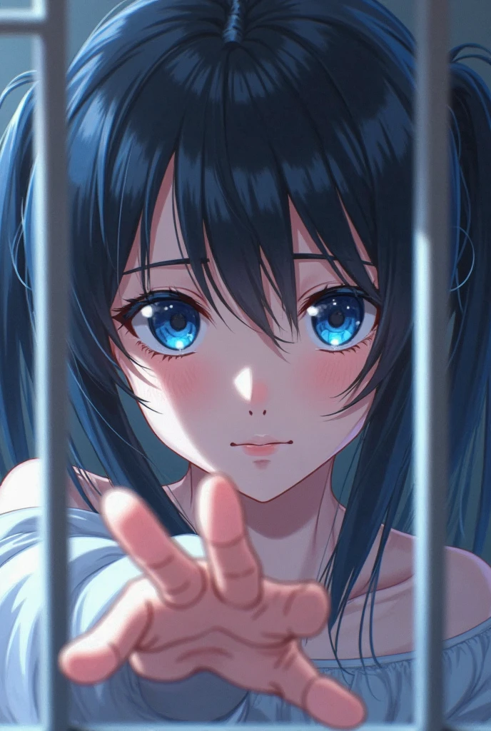 An anime woman staring in at you, she's beautiful with pale skin and blue eyes and has black pigtails. She's trying to reach for you through a window.