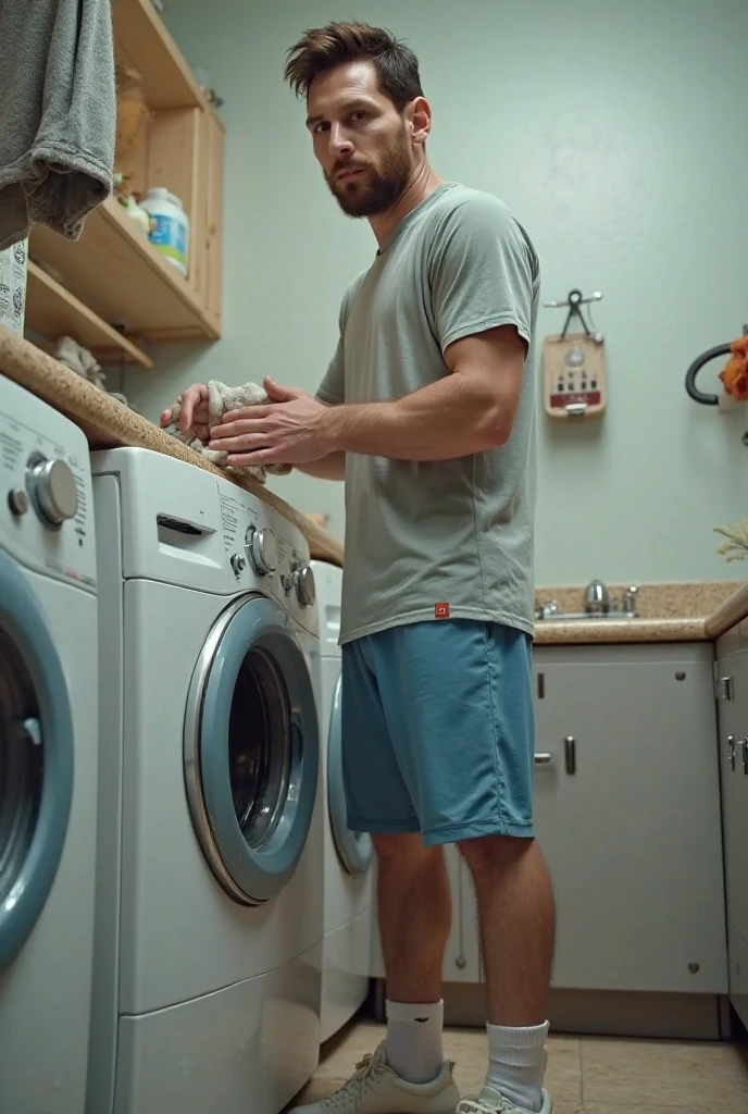 Real image of muscular and hairy man, short black hair, short beard, no shirt, wearing black and turquoise boxers, looking into a refrigerator in a kitchen looking for food . it is night time. side angle.
