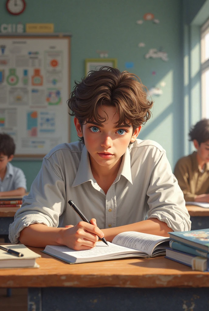 make me a picture of an 18 year old boy with short brown curly hair, has blue eyes who is studying in class wearing a white shirt