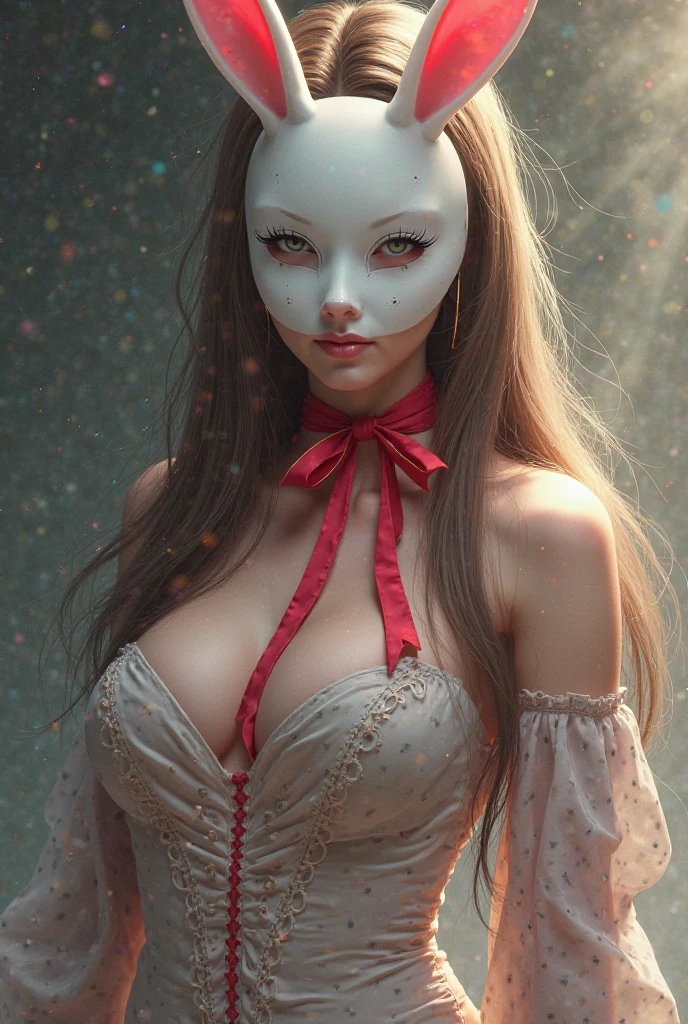 A creepy and alluring lady with a haunting beauty and magnetic aura., misty waters, dance scene, crowed with masqurade mask,