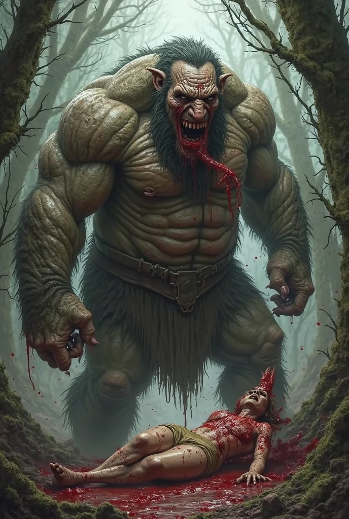 Barbarian ogre sitting on top of a pile of corpses after battle