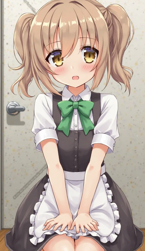 michishio_Kantai Collection, Twin tails, double_good, hair_good, short_Twin tails, Light_brown_hair, brown_eye, blush, bow, yellow_eye, dress, green_bow, green_bowtie, apron_dress, shirt, white_shirt, bowtie, (Small breasts, Small body), (short stature:1.2), One , alone, looking at viewer
break
(software:1.3), I want to pee, Place your hands between your legs, Leaning forward, Inner thigh, (trembling:1.2),
break
(anger), (cry), (blush), (Open your mouth:1.3), wavy mouth
break
official art, masterpiece, Highest quality, Highest Resolution, 8k, Most detailed, Extremely elaborate hands, Very elaborate fingers, Highly detailed mouth, perfect anatomy
break
(door, workroom), Dust, Dust, Light particles, Highly detailed 16K CG wallpaper
