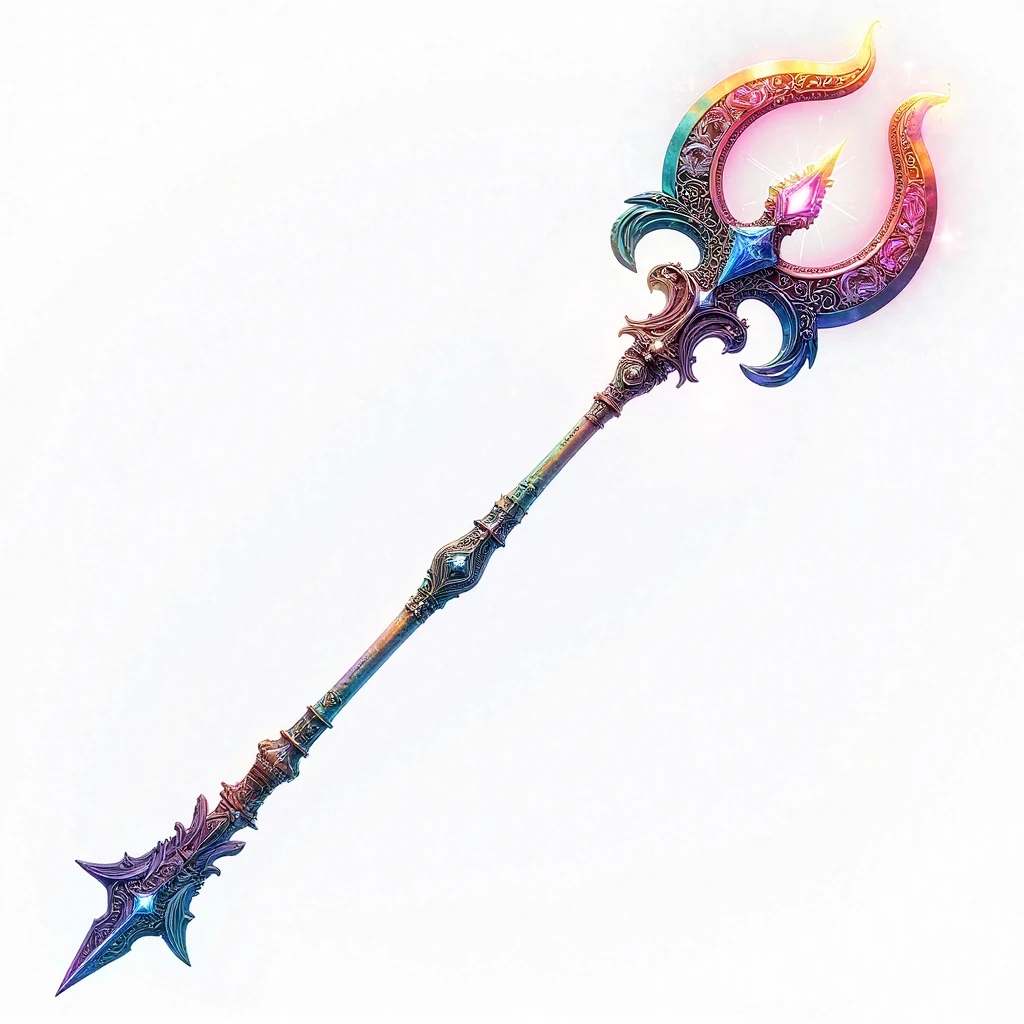 A crystal clear image. A single Great mystical long celestial rainbow prismatic metal large circular bladed weapon for a rainbow light celestial god, made from rainbow colored prismatic iridescent metal with ornate wild carvings and etchings with diamonds. Fantasy elven and fae mythology inspired ornate detailed design. Floating on a bright solid white backdrop .