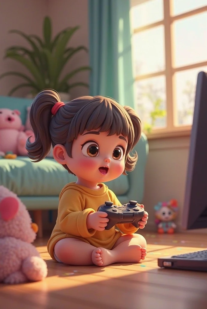 A child between , light brown with short curly hair, skirt, pink All Star shoes and headphones playing games
