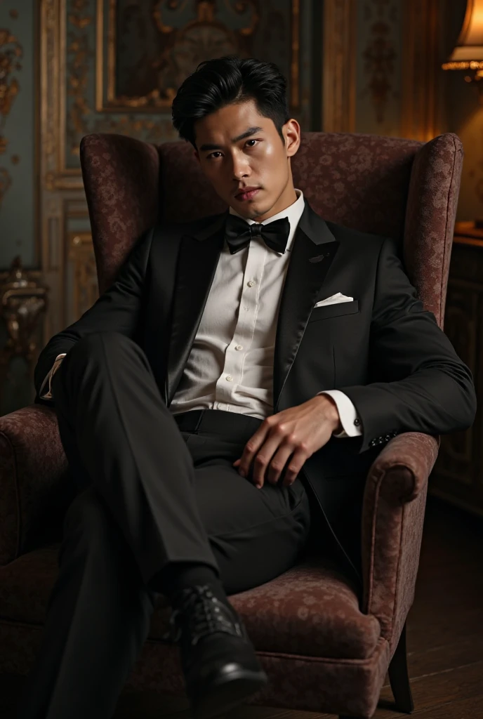 ((masterpiece)), ((best quality:1.2)), High Resolution, 8k, (ultra_realistic:1.3), (photorealistic:1.4), (instagram model, handsome:1.2), sharp focus, a portrait shot of (tedpullinbp), model pose, wearing a sexy open tuxedo, rich interior of a mansion, dinner gala, sexy , nsfw , eroticism , full length shot(fls) , bare thighs , wide hips , wearing sexy micro thong