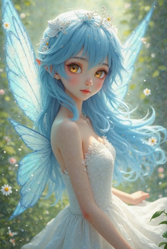 full body portrait of a young shy girl with fluffy pointy fox ears and white and light blue hair in a white and a light leather dress with decorations, shiny light green eyes, in her hair she is wearing amall colourful flowers as accessories, flower accessories, bright colours, detailed eyes, delicate features, shy glance, long white and blue hair, Sanfte Beleuchtung, in the background is a flowerfield with some trees and shiny colourful butterflies are surrounding her, best quality, 4K, High Resolution, ultradetailliert, realistisch,