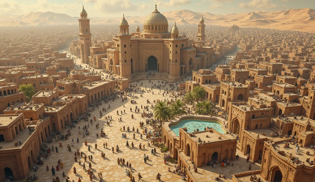 A city in the desert from the time of 1200, with rounded and colorful towers, and a giant statue of a man with braids holding his sword up. The city is surrounded by a wall.