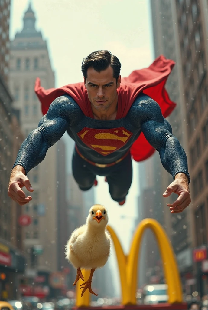 Superman with a chicken in his hand