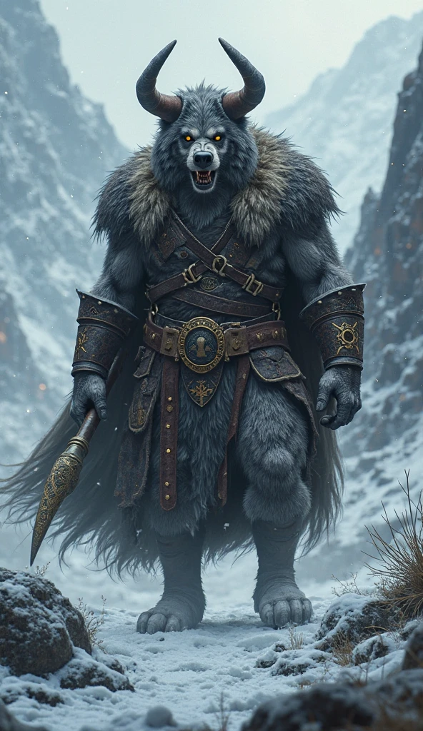 A man in wearing a wolf skin and in hand sword