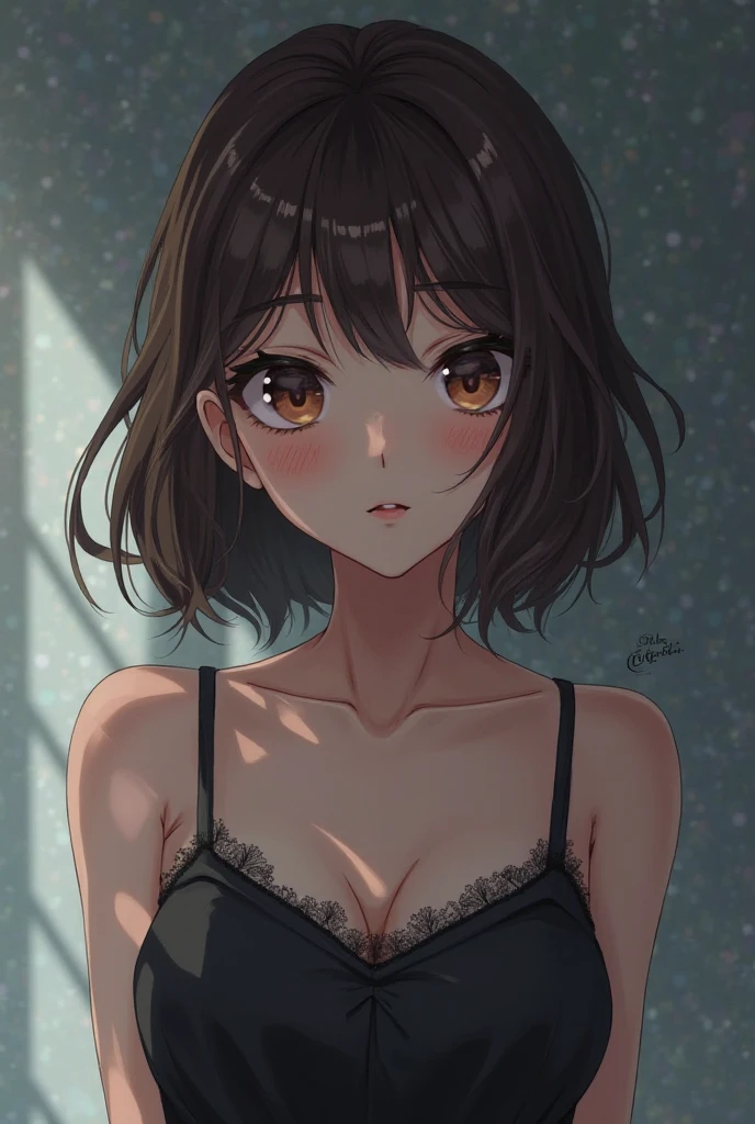 Anime girl with short curly black hair, dark brown eyes, thesis morena clara, big chest, ear piercing, somewhat thick lips, especially the upper one, taking a selfie photo, with a necklace and a nice black blouse