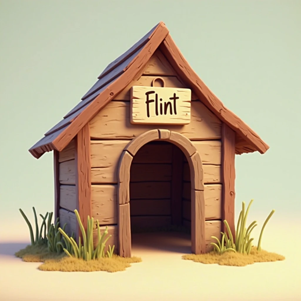 a wooden dog house in the yard of a house, The dog house has knives buried in the ceiling and axes buried in the roof, The dog house has a sign with the name of the dog TREMEX