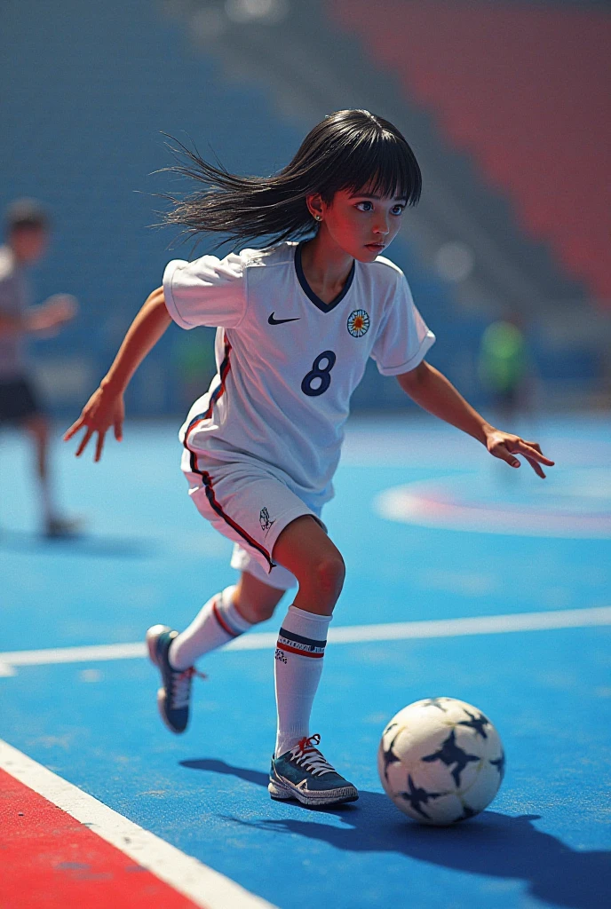 masterpiece,bestquality,very beautiful 12 year old girl,(realistic:1.5),bob cut,Soccer Representation from Japan uniform,Soccer game,detailed eyes and face,8k high quality,so beautiful, thin thighs,ultrahighres,highly detail eyes, highly detailed face, ,incredibly beautiful,DSLR,Soccer field,Representation from Japan,(During a football match),(((Dribbling)),((Dribble up the field)),Uplifting,Speed,