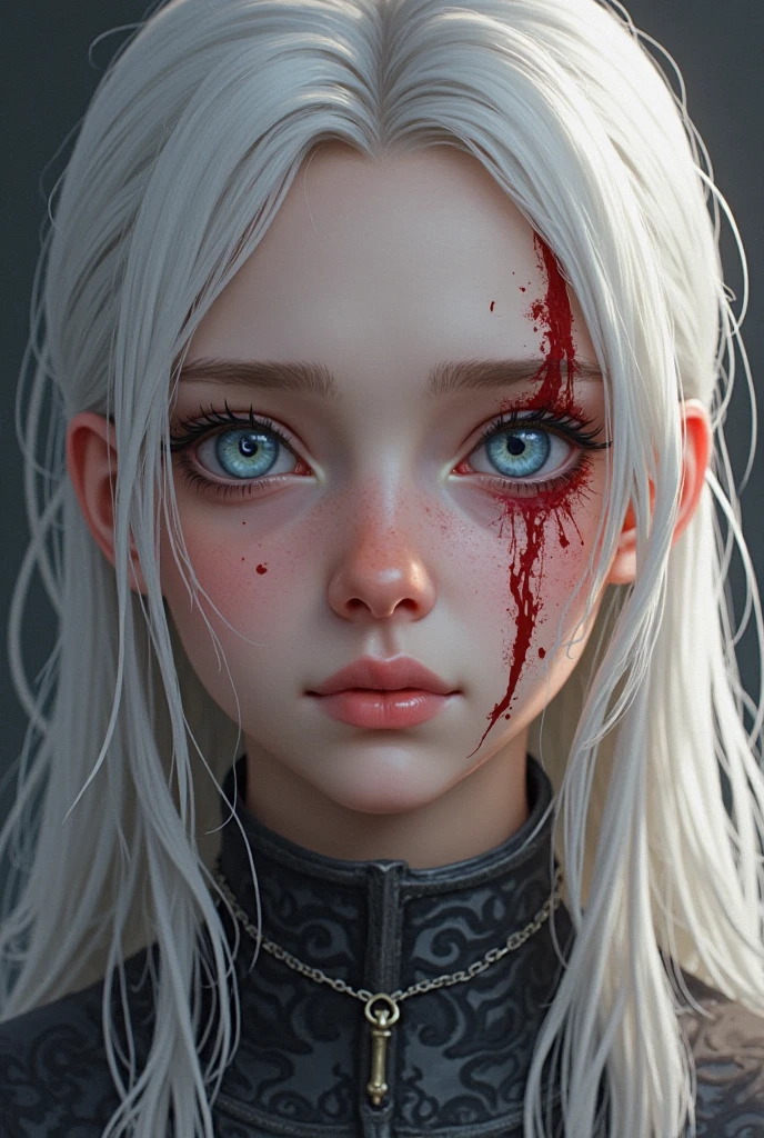 Award-winning photo from the waist up, beautiful woman dirty with blood, with white eyes dripping blood from her forehead and having stigmata, long hair, a black demon in the background, face of horror, creepy, character portrait, concept art, painting, fanart, highly detailed in the style of wlop by Ilya Kuvshinov, Wenjun Lin, angular asymmetrical design, horror film, scary movie poster