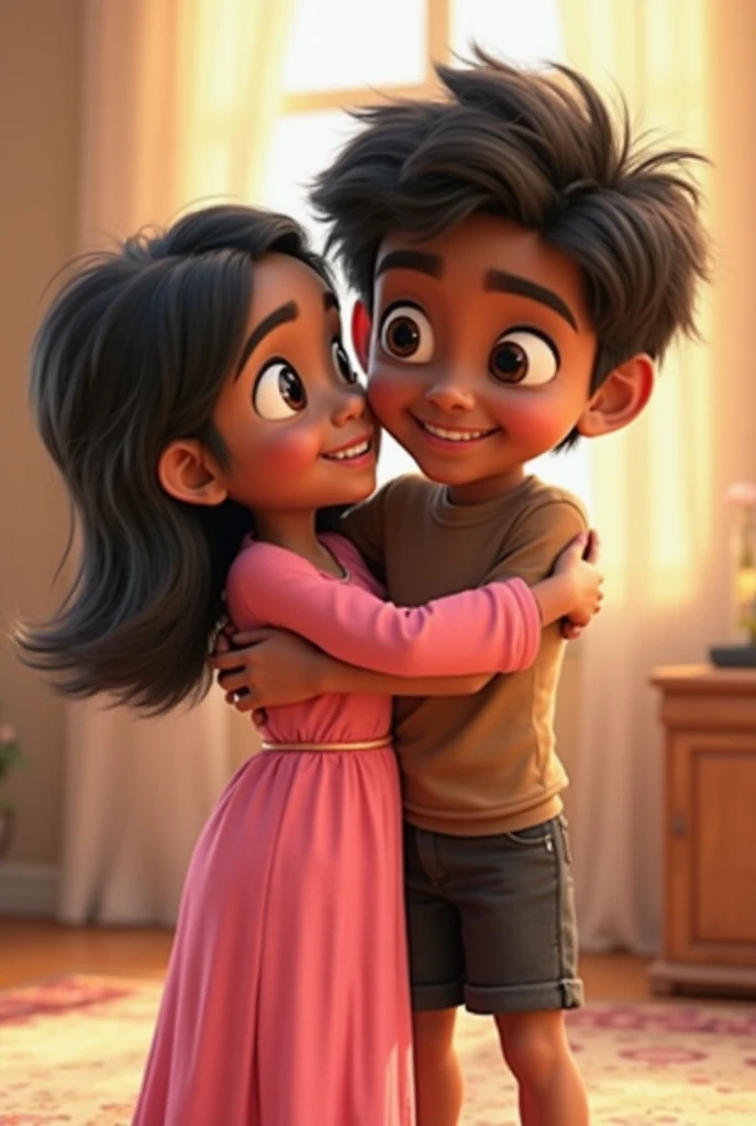 Latino boy hugging his older, taller sister, Pixar style